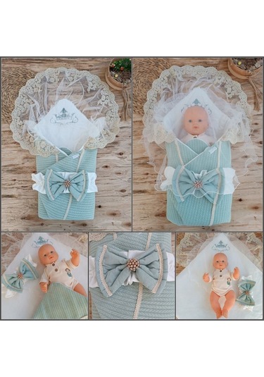 Pembe Triko Örgü Kız Bebek Batttaniyesi Kundağı Kalın Dantelli Yenidoğan Hastane Çıkışı Hediyelik Mint