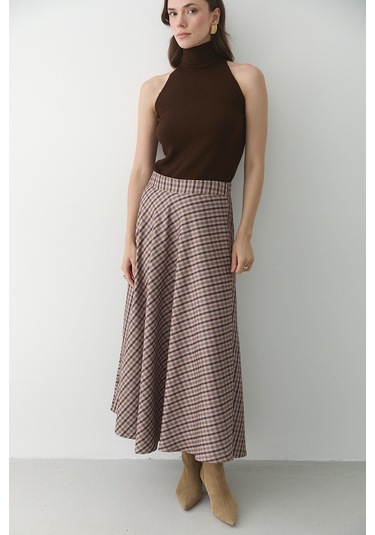 Kahverengi Ekoseli Etek Kahverengi