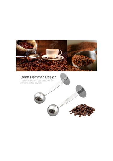 Jeemson Gümüş Renkli Çelik Kahve Ölçü Kova Ve Tamper 2'li 1, Uzun Kollü, Ev/restoran Mutfak, Çay Şeker Baharatlarda Kullanım Gümüş