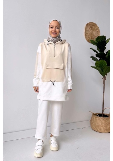 Kanguru Cep Kapüşonlu Takım - Bej