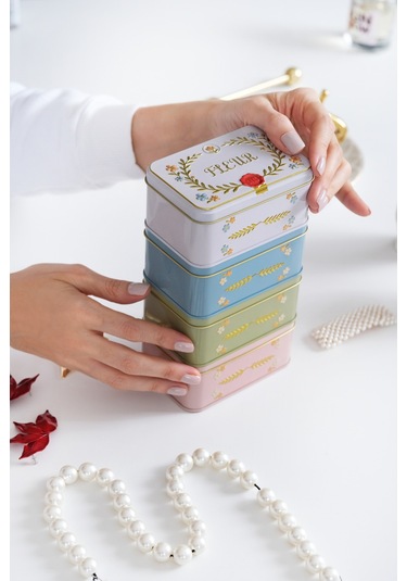 4'lü Set - Fleur Kabartmalı Vintage Metal Saklama Kutusu