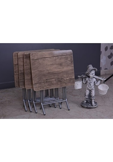 Harmony Katlanabilir Barok Ceviz Zigon 4'lü Sehpa Takım Paslanmaz Gri Metal Ayaklı Ceviz