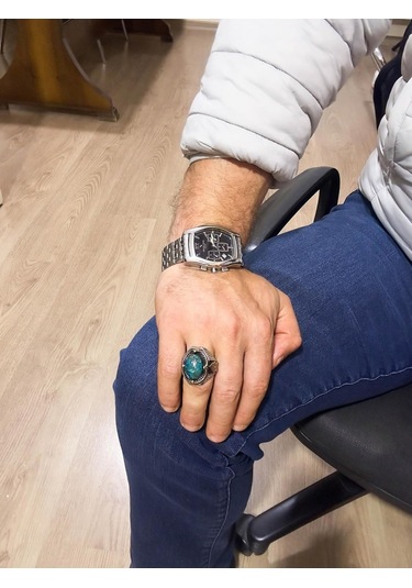 Gerçek Doğal Krysokolla Taşlı Yüzük - 925 Ayar Katı Gümüş Erkek Yüzüğü Gümüş