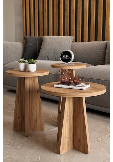 Alpa Ev Mobilya 3 Lü Mantar Zigon Sehpa Seti Modern Yuvarlak Tasarım, Dekoratif İskandinav Stil Antrasit Atlantikçam