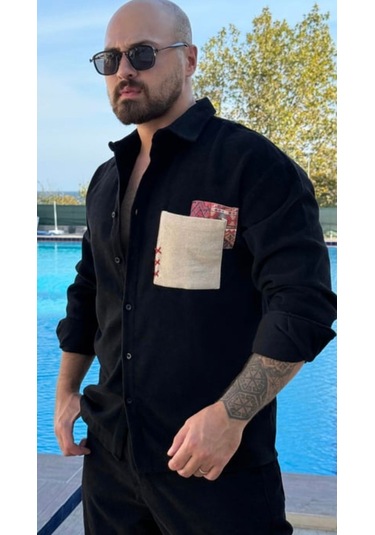 Erkek Bohem Etnik Cep Detaylı Gömlek Siyah