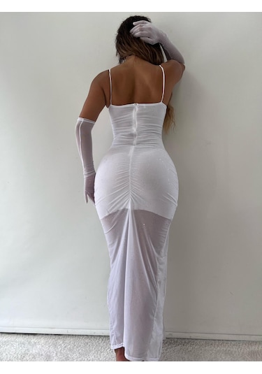 Beyaz Simli Gloplu Eldivenli Yırtmaçlı Elbise Beyaz Simli Beyaz