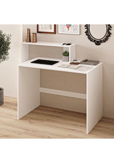 Amber Çalışma Masası Raflı, Modern Bilgisayar Masası Beyaz