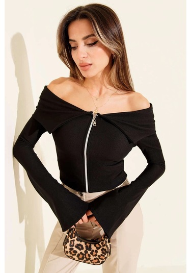 Biçomi Omzu Açık Fermuarlı Bluz Siyah T4330 Siyah