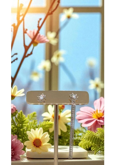 925 Ayar Gümüş Taşlı Çiçek Figürlü Asimetrik Çivi Model Küpe Modern Ve Zarif Tasarım Gümüş