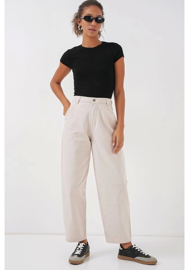 Defymoda 6703 Yüksek Bel Kot Pantolon - Ekru Ekru