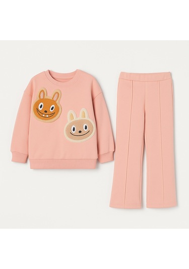 Kız Çocuk 3 İplik Şardonlu Peluş Baskı Detaylı Sweatshirt - Eşofman Alt Üst Takım Pudra Pembe - Gri