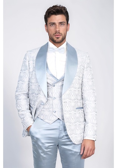 Dalgalı Desenli S Al Yaka Yelekli Buz Mavi Smokin - Wessi İndigo