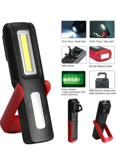 Mıknatıslı Taşınabilir Usb Şarjlı Led Cob Fener Siyah