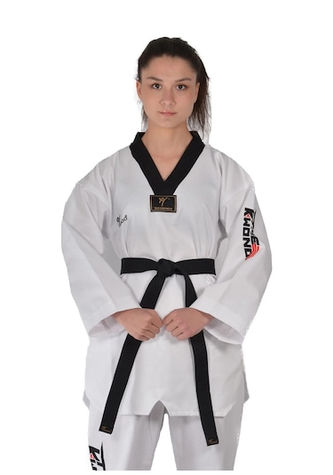 Fitilli Siyah Yaka Taekwondo Elbisesi Dobok Üst Kuşak Dobok Beyaz