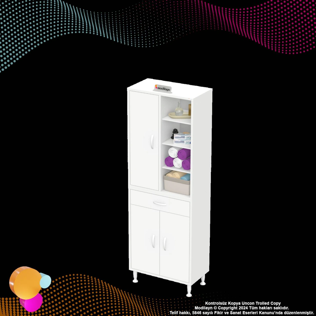 Kayra Banyo Ve Mutfak Dolabı Çok Amaçlı Dolap Tek Çekmece 3 Kapak 7 Raf 10 Bölme 65x173x32,5 Cm Beyaz