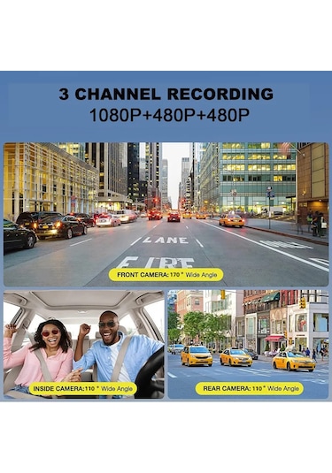 Neevoyu 3 Kameralı Araç Kaydedici - 1080p Full Hd, Gece Görüşü, Hareket Algılama, Döngü Kayıt, 2 İnç Ekran, Dahili Mikrofon, Siyah Dahili Li-poly Batarya