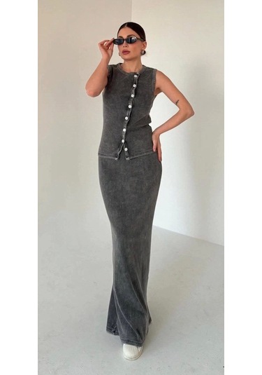 Uzun Etekli Önü Düğmeli Badi İkili Takım- Antrasit Antrasit