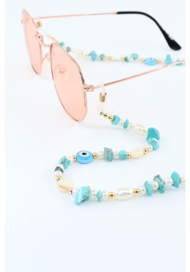 Boncuklu Gözlük İpi. Gözlük Zinciri. Tasarım İncili Doğal Taşlı. Gözlük İpi. Gözlük İpi Askısı. Beyaz - Mavi