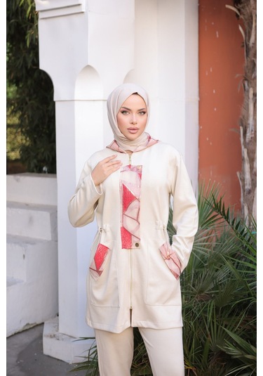 Tesettür Eşofman Takımı Fermuarlı Ikili Takım Kapüşonlu Krem 475 Krem