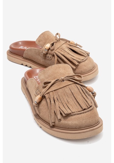 Carol Toprak Süet Püsküllü Hakiki Deri Kadın Burnu Kapalı Terlik Toprak