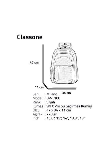 Classone Milano BP-L100-PRO Notebook Çantası