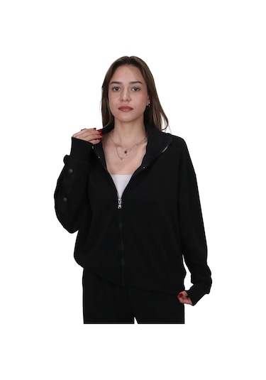 Kadın Modal Kumaş Dik Yaka Rahat Kalıp Siyah Ceket Hırka Siyah