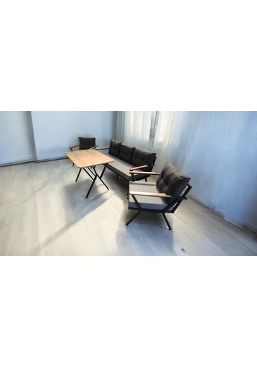 Pi Locca Bahçe Balkon Mobilyası Gri Antrasit 3+1+1 Perla Çam Masa Antrasit - Gri