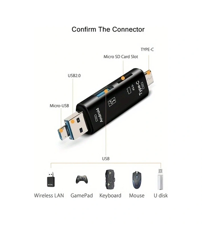 Sunshine011 5'li Usb Type-c/usb/micro Usb/tf/sd Kart Okuyucu, Otg Adaptör, Dokunmatik, Siyah