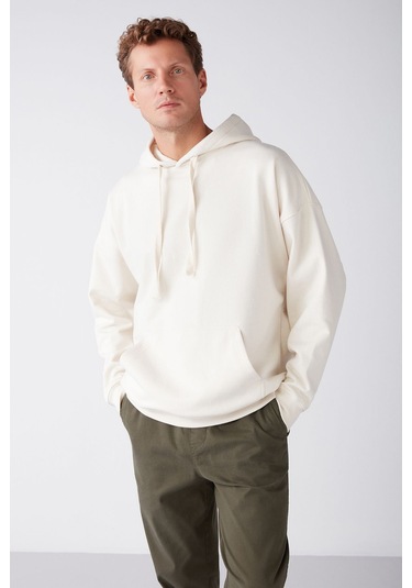 GRIMELANGE Steve Erkek Yumusaçık Kumaşlı Kordonlu Oversize Kapüşonlu Kanguru Cepli Ekru Sweatshirt Ekru