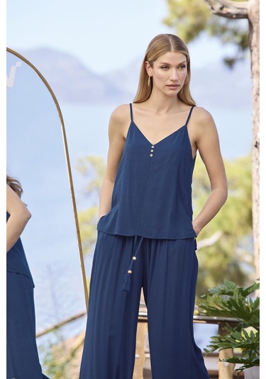 Monamise Kadın Yaprak Desenli Dekolteli V Yaka 3'lü Alt Üst Takım 25012 Lacivert