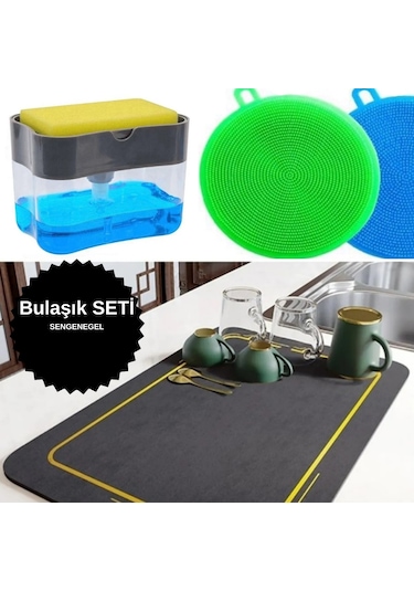 Sengenegel 3'lü Set Bulaşık Su Emici Özellikli Kurutma Matı Tükenmez Sünger Hazneli Bulaşık Süngeri Çok Renkli
