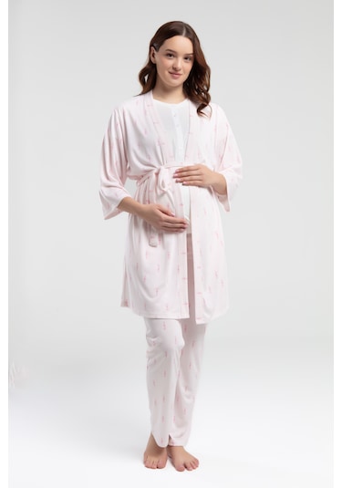 Arnetta 3266 Sabahlıklı 3 Lü Hamile Lohusa Pijama Takımı Beyaz V1