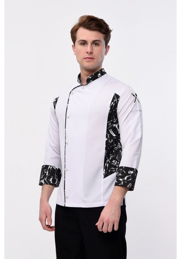 Uniprom Uzun Kollu Aşçı Ceketi Önlük Şef, Garson Beyaz-siyah