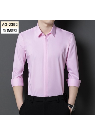 Erkekler İçin Gizli Düğmeli, Uzun Kollu, Tek Renkli, Esnek İş Kıyafeti Gömlek Pembe