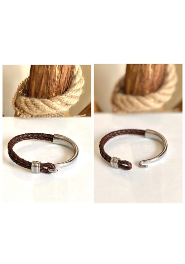 %100 Deri&krom Kombin Kahve Erkek Bileklik Net 22cm Türk Üretim Kahverengi