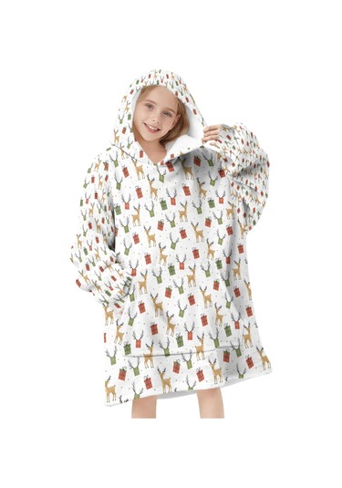 Noel Temalı 6-13 Yaş Çocuk Giyilebilir Battaniye Hoodie, Kalın Peluş, Büyük Boy Krem - Pembe