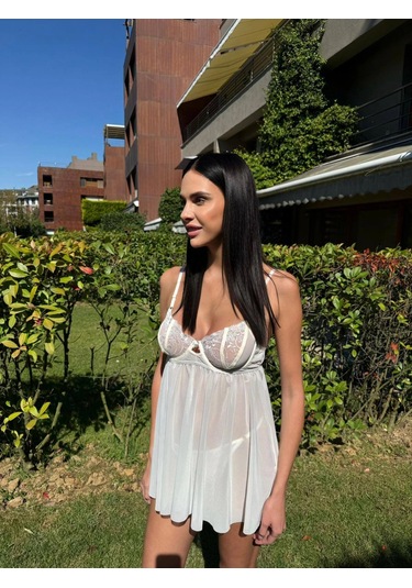 Arona Kadın Çiçek Desenli Brode Gecelik Takımı Ekru Ekru