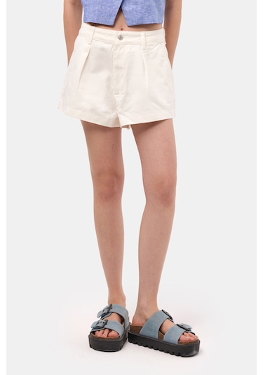 Itsbasic Kadın Kırık Beyaz Renk 7s6-101 Mini Boy Pileli %100 Koton Denim Şort