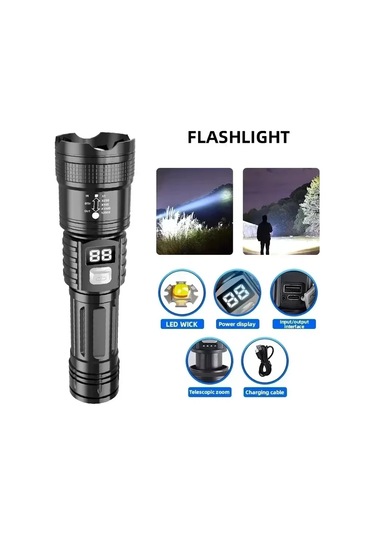 Süper Parlak Uzun Menzilli Led El Feneri Açık Su Geçirmez El Siyah