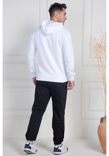 Mecit 2975 Beyaz %100 Pamuk Kapüşonlu Spor Model Büyük Beden Erkek Pijama Takımı Beyaz
