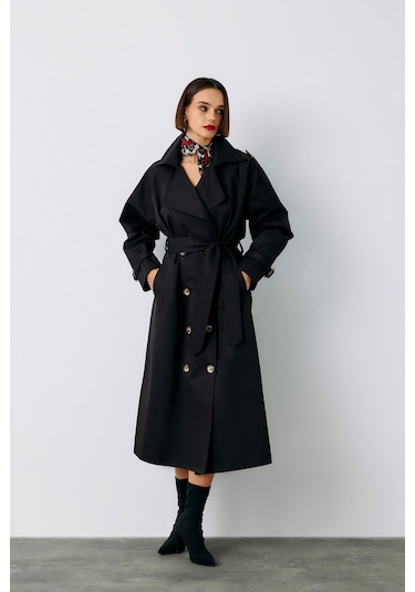 Sateen Kuşaklı Uzun Trenç - Siyah-135230 Siyah