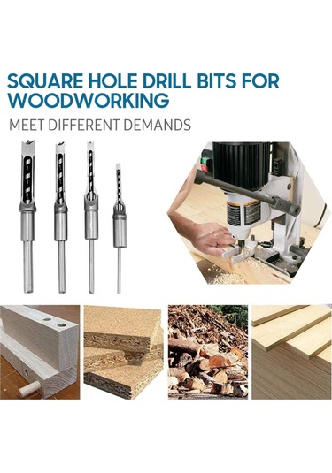 Yaozixia Adet Kare Delik Matkap Ucu Ahşap İşleme Delik Testeresi Kesme Keski Çelik Matkap Ucu Seti 1/4 İnç, 5/16 İnç, 3/8 İnç, 1/2 İnç Ahşap İçin