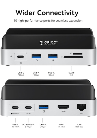 Orico Vs10 Mac Mini 10in1 Dikey Bağlantı Docking Station - M.2 Nvme,hdmı,2.5g Lan,10gbps Type-c Usb-a