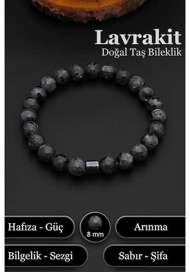 Erkek Doğal Taş Bileklik Lavrakit Bileklik Kadın 8 Mm Bt039 Gri