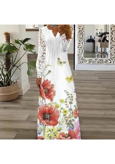 Zarif Kanca Çiçek Hollow Dantel Elbise Kadın İlkbahar Yaz Moda Dantel-up Uzun Elbise Kadın Rahat Uzun Kollu Beyaz Elbiseler 24816 Orion Açık Yeşil