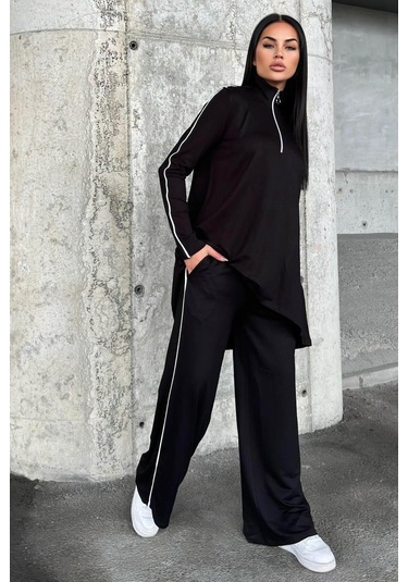 Siyah Asimetrik Kesim, Fermuarlı Bluz & Bol Paça Pantolon - Viskon İki İplik Kumaş Alt & Üst Takım Siyah