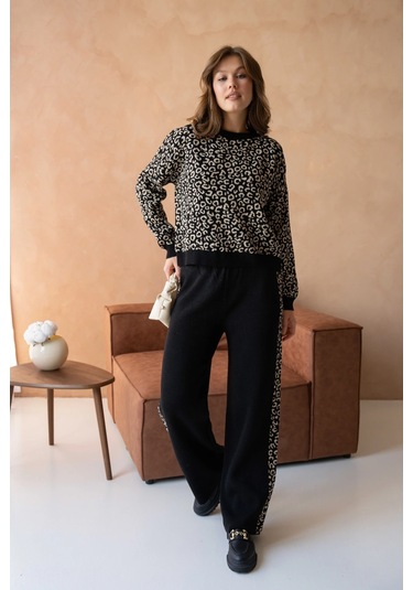 Kadın Geniş Yaka Desenli Kazak Pantolon İkili Triko Takım Siyah