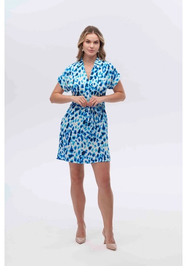 Belden Kurdale Bağlamalı Desenli Elbise Cnl Mavi