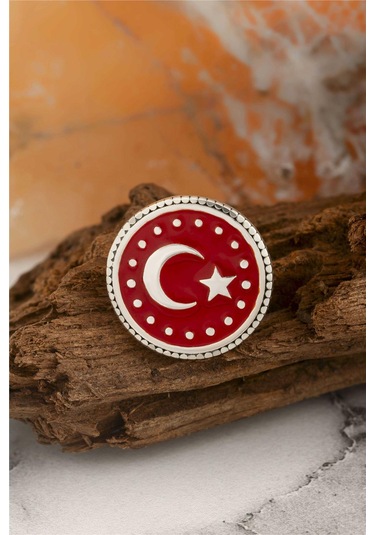 925 Ayar Gümüş Mineli Ayyıldız Puantiyeli Rozet -8065 Gümüş