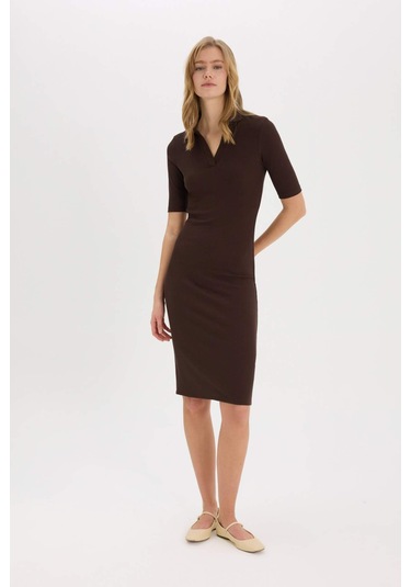 DeFacto Bodycon Vücudu Saran Polo Yaka Basic Düz Fitilli Kaşkorse Kısa Kollu Midi Elbise E6806AX25SPBN267